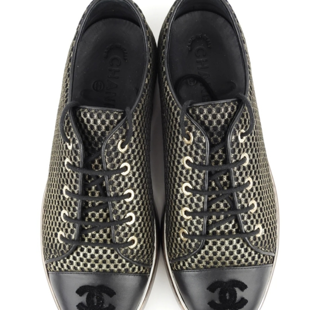 Chanel Black and Gold Metallic Checkered Mesh Flocked CC Cap Toe Lace Up Sneaker